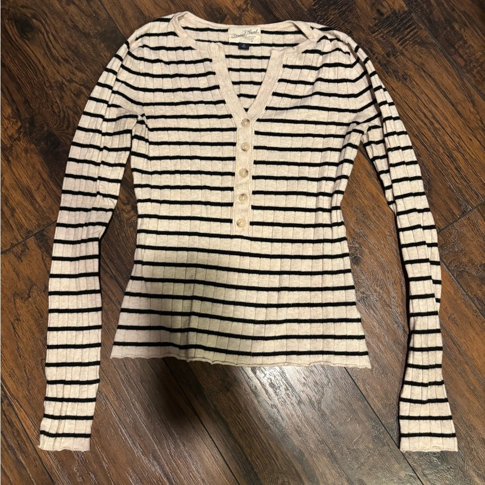 Striped V-Neck Buttoned Women's Top